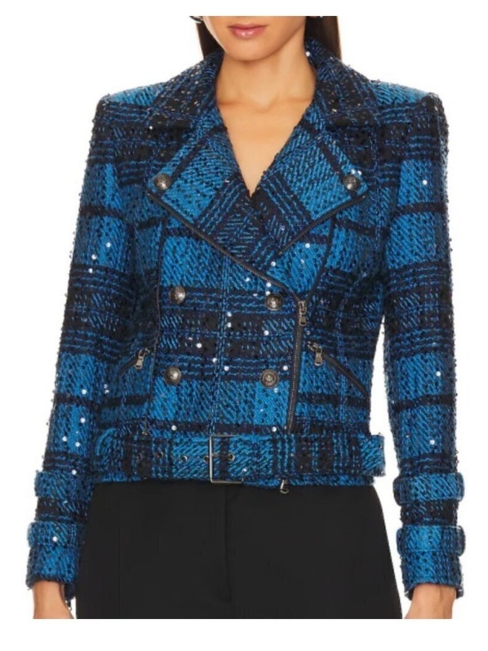 L'Agence 'Billie' Sequin-Embellished Plaid Tweed Jacket, Cobalt Blue/Black